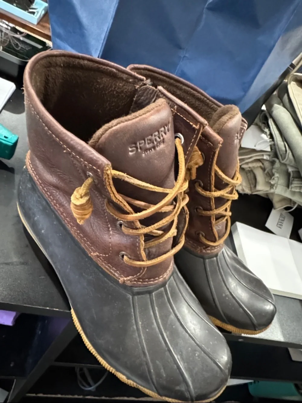 Sperry Two-Tone Brown Leather and Black Rubber Duck Boots